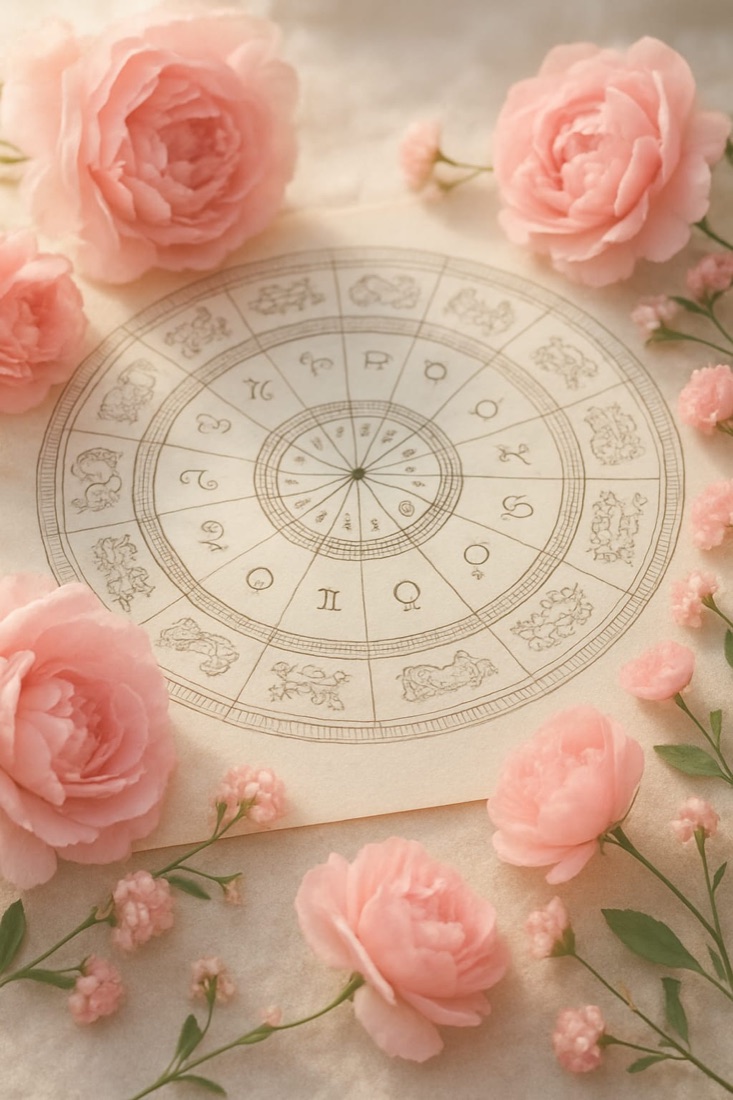 An astrology birth chart wheel surrounded by soft pink peonies