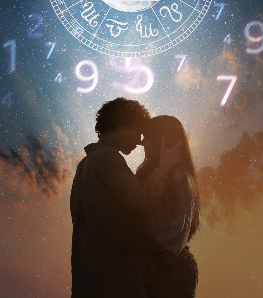 A couple in silhouette under a starlit sky