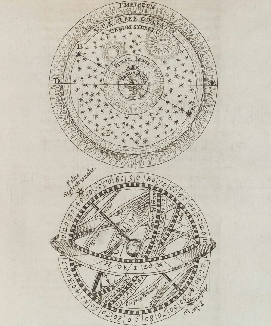 An antique astrological chart and pocket watch resting on a desk by candlelight